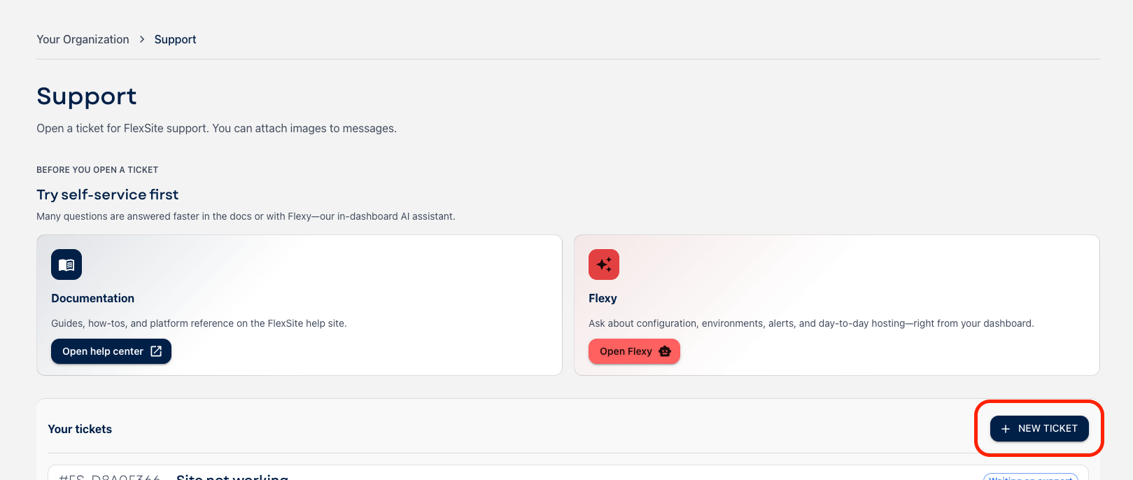 The support page highlighting the New Ticket button