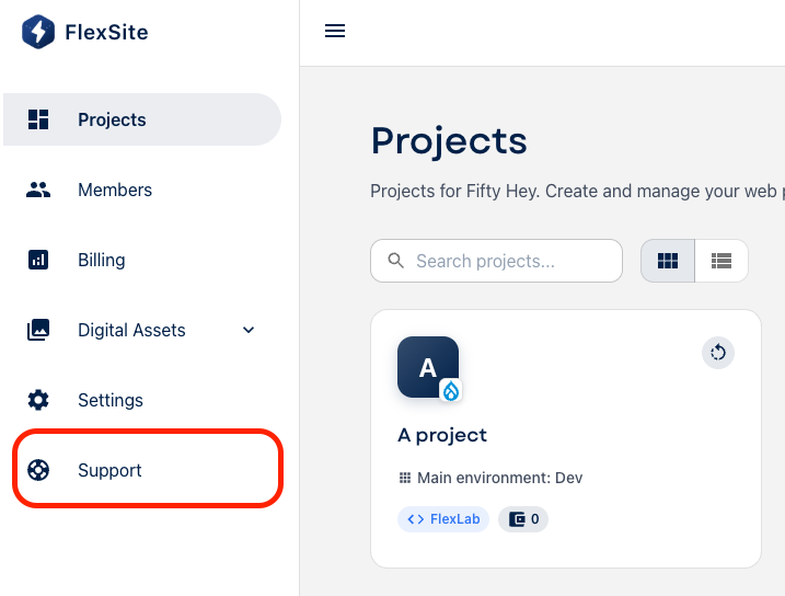 The sidebar of the organization with the Support item highlighted